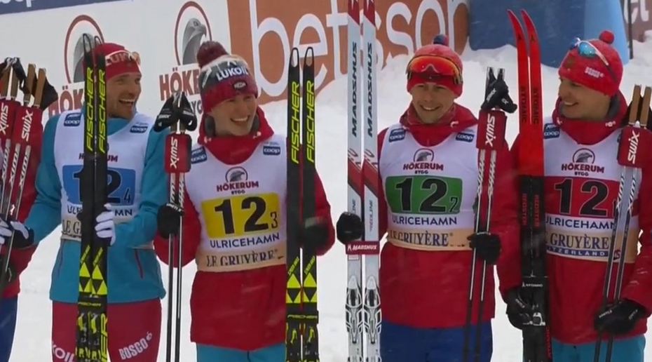 Российские лыжники впервые за шесть лет выиграли мужскую эстафету на этапе Кубка мира